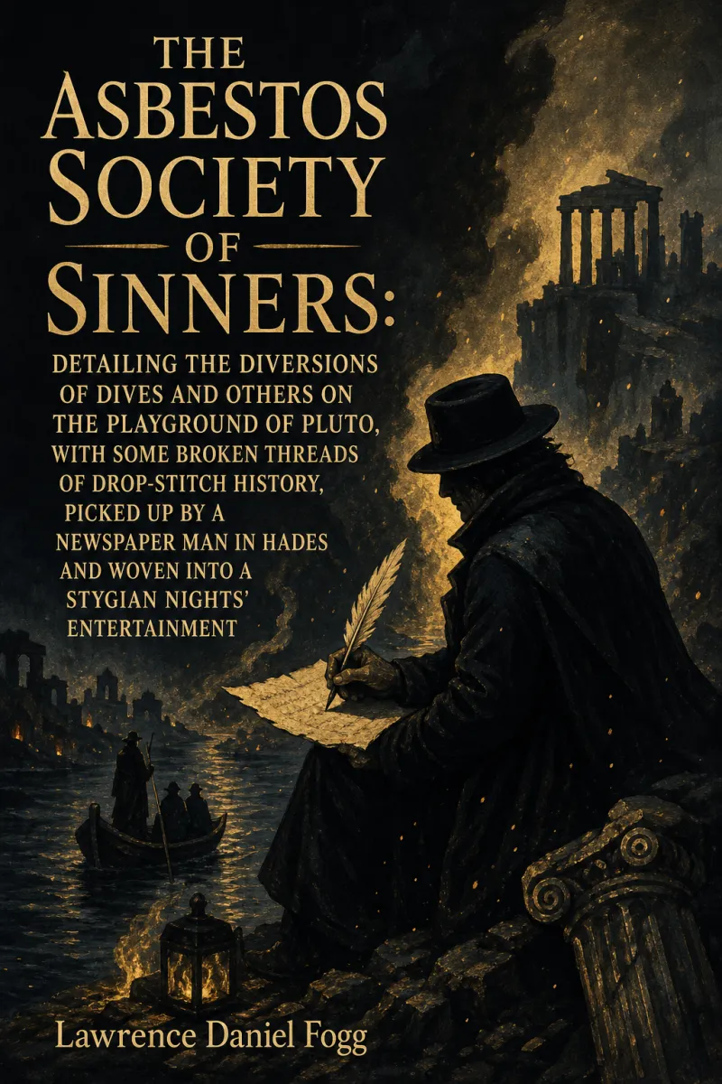 Cover of The Asbestos Society of Sinners: detailing the diversions of Dives and others on the playground of Pluto, with some broken threads of drop-stitch history, picked up by a newspaper man in Hades and woven into a Stygian nights' entertainment by Lawrence Daniel Fogg